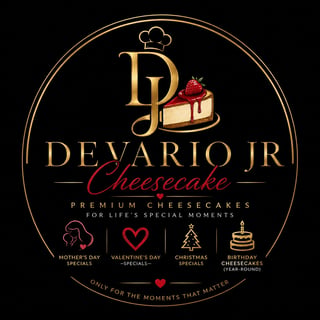 Devario JR Cheesecake logo featuring gold lettering with a cheesecake illustration and icons for Mothers Day, Valentines Day, Christmas, and Birthday specials